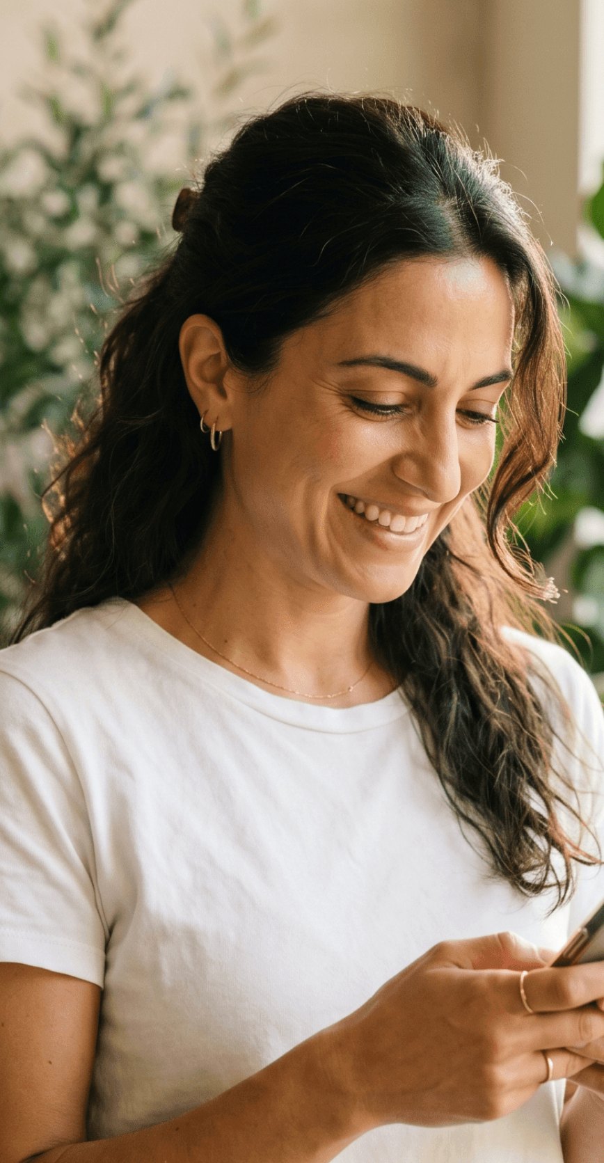 Una mujer sonríe mientras lee su informe Healz en el móvil, en casa, con luz de mañana